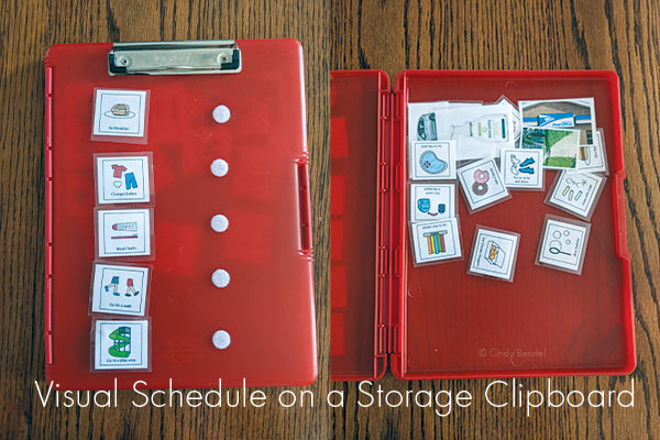 Visual schedule for autism students. A storage clipboard holds all the images.